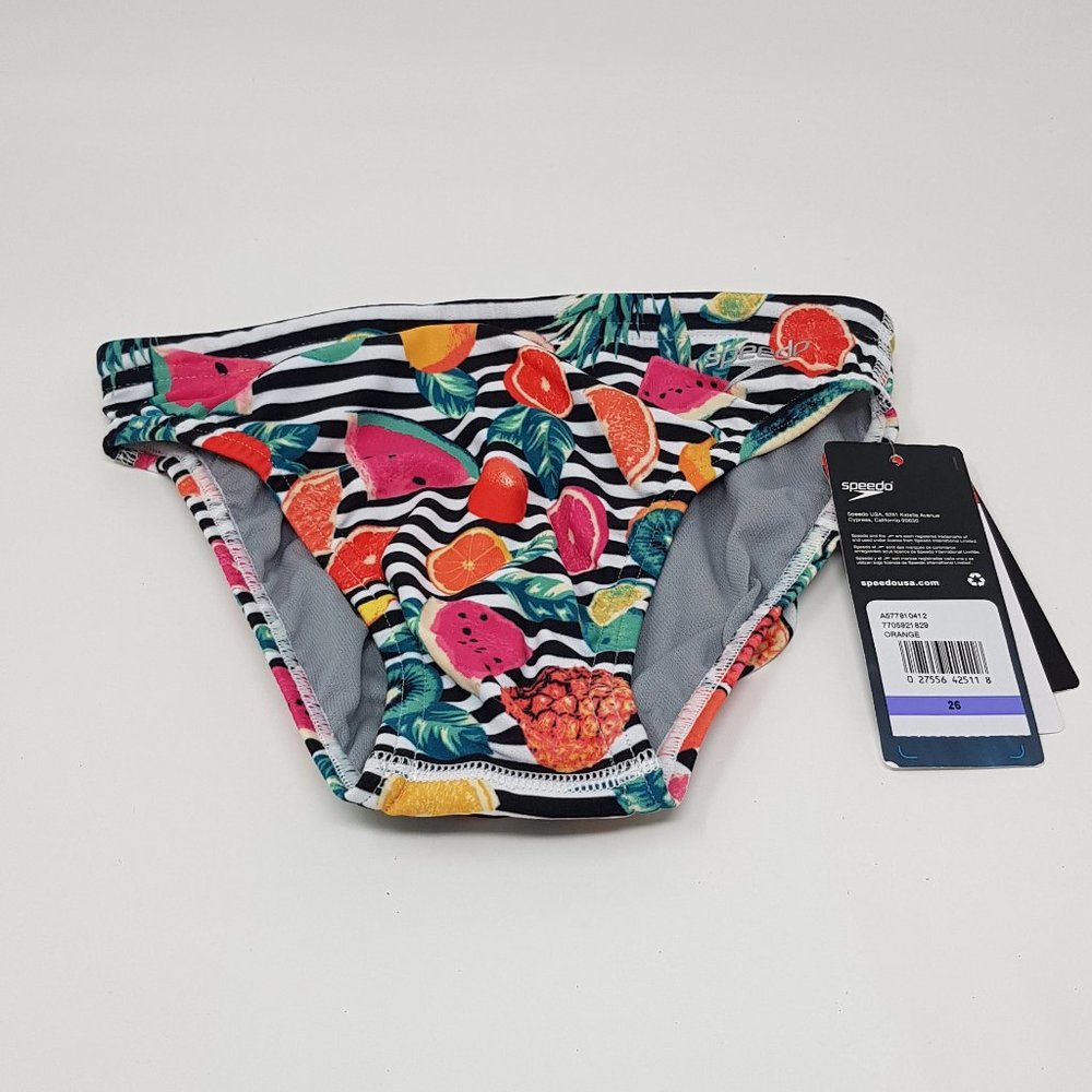 Speedo Size 26 -Men's Swimsuit Brief - (Black/White Stripe w/ Fruit) - Picture 3 of 3